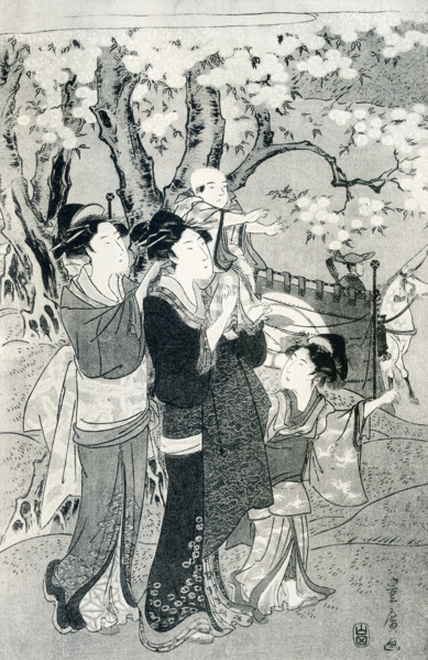 The caption for this image reads, Toyohiro: Left-hand sheet of a triptych. Two ladies and children
