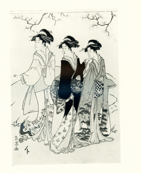 This 1920 image shows: Two ladies and their maid passing along under a maple tree. It is signed by