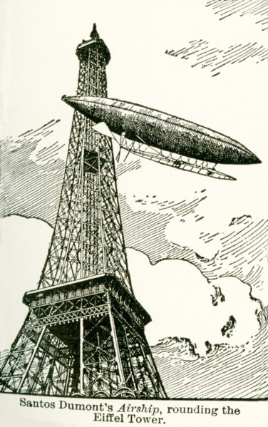 This illustration, which dates to the early 1920s, reads: Santos Dumont's Airship, rounding the
