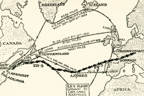 This illustration dates to the 1920s. Its caption reads: Bridging the Atlantic by Airship and