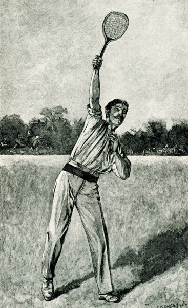 This 1897 illustration of a lawn tennis player shows him hitting what is known as a ""smash."" A
