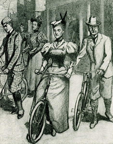 The 1897 caption for this illustration reads: The Wheel of Today,  The start from the Westchester