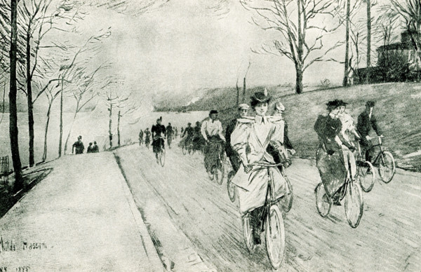 The 1897 caption for this illustration reads: The Wheel of Today, Claremont Hill - Riverside Drive