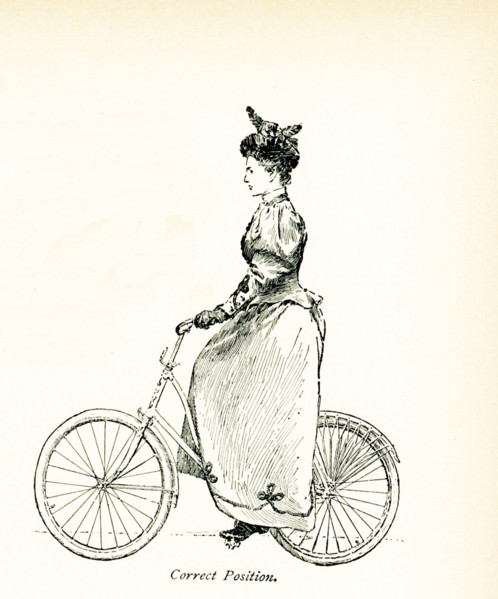 The 1897 caption for this illustration reads: The Wheel of Today,  Woman on Bicycle - Correct