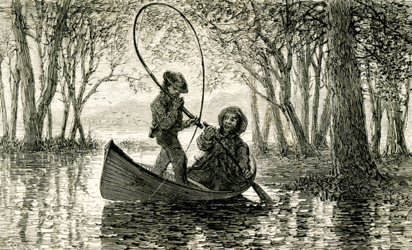The 1869 caption reads: I lookd at John, his eyes were fastened on the rod."" The illustration