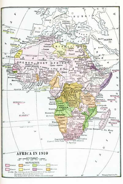 Map of Africa in 1910.  Note: The coloring shows the possessions of the different European Powers