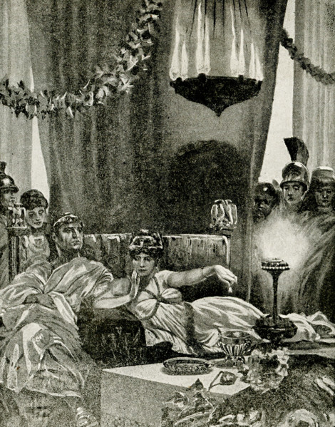 This 1912 images shows Cleopatra dropping a pearl into a golblet of wine. The Roman writer Pliny