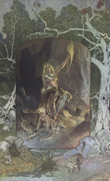 This 1912 image by J M Gleeson illustrates Kipling's The cat that walked by himself. Originally all