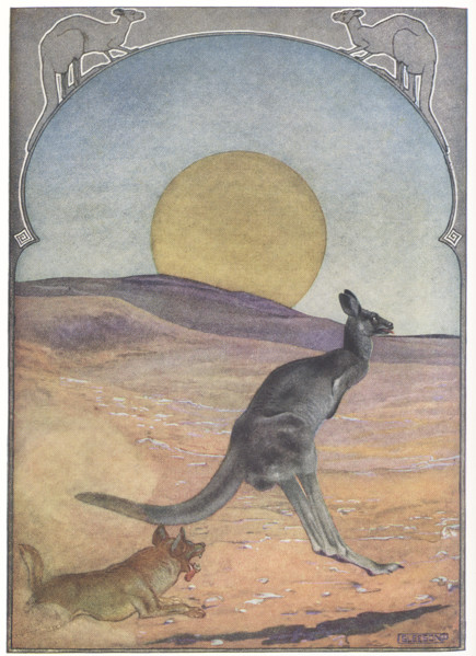 This 1912 image by J M Gleeson illustrates Kipling's The Sing Song of Old Man Kanagroo. The