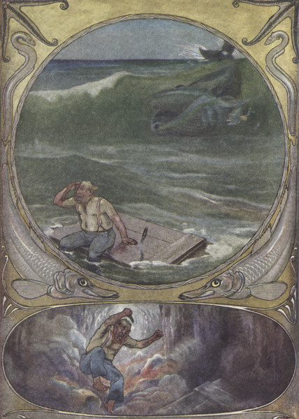 This 1912 image by J M Gleeson illustrates Kipling's How whale  got its throat. Once upon a time