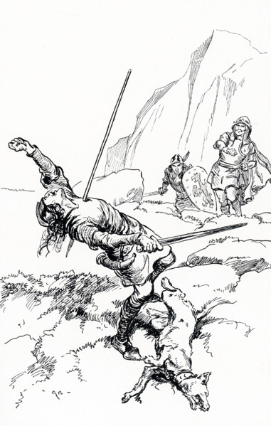 The early 1900s caption reads: ""Olaf shot a spear at Thorir and it struck him."".