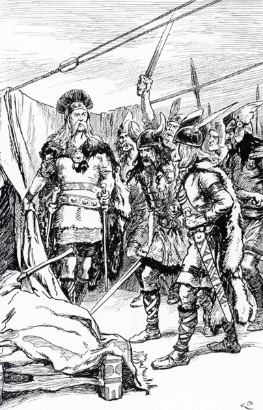 The early 1900s caption reads:"" Harald the Hardredy called his men together and showed them the