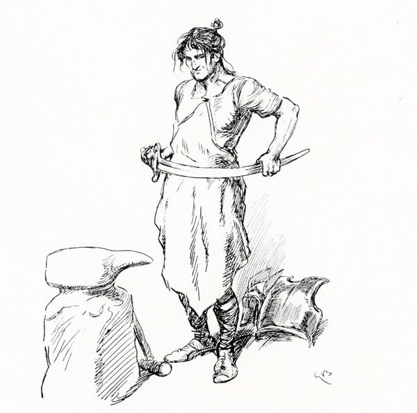 The early 1900s caption reads"" The sword Volund made for himself was so supple he could wind it