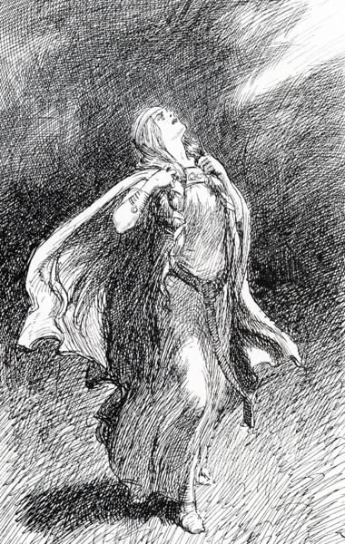 The early 1900s caption reads: ""And well nigh mad was Signy for woe."" In Norse mythology, Signy