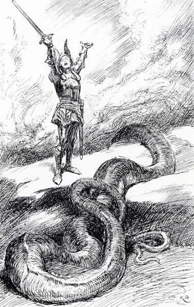 The early 1900s caption reads: Sigurd stood with his sowrd uplifted, the serpent Fafnir was dead.""