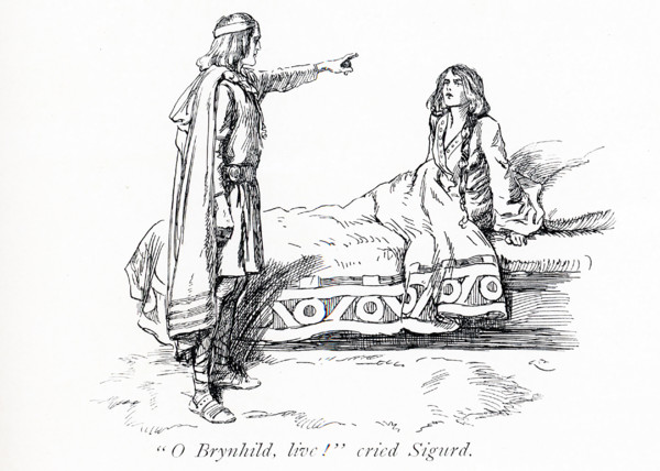 The early 1900s caption reads: ""Brynhild, live‚ cried Sigurd.""  According to legend, Sigurd found