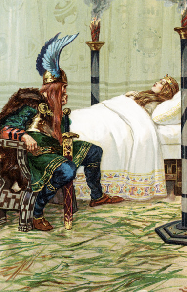 The early 1900s caption reads: ""Harold sat by her side and watched her."" The image shows Harald