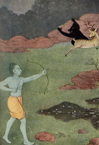 This print of the Death of Maricha dates to 1913. Rama fired his Astra (weapon) Manavastra (which