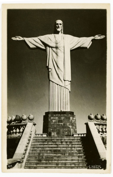 This 1930s postcard shows the Christ the Redeemer statue that stands atop Corcovado in Rio de