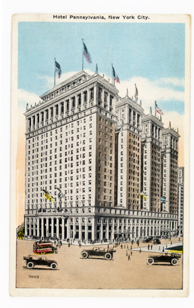 This 1930s postcard shows Hotel Pennsylvania in New York City. The hotel dates to 1919 and is on