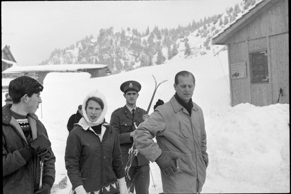 Charles, Anne and Prince Philip, skiing in Malbun, 1965.