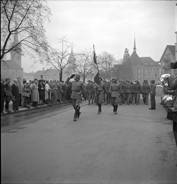 Military officers marching at Limmatquai Zurich 1948.