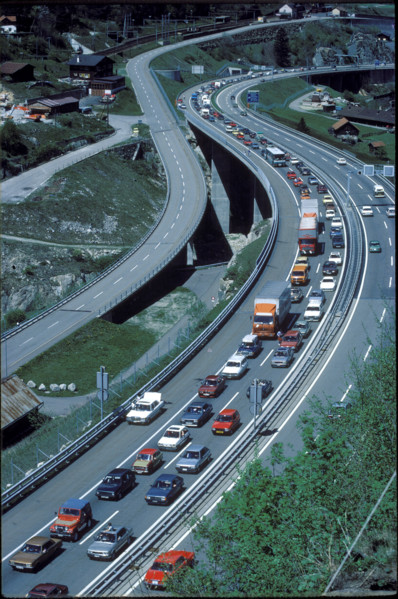 Line of cars on Gotthard motorway 1986.