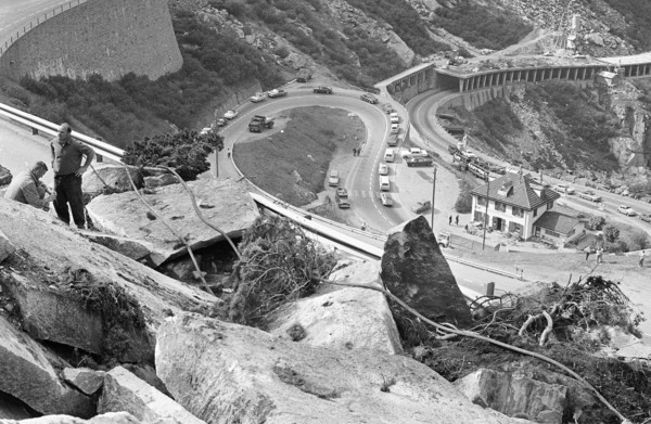 Blasting after rock slip, Gotthard pass road 1969.