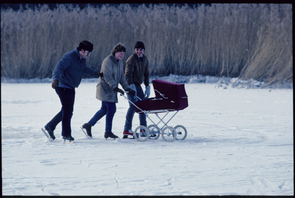 Winter 1987: Ice Skating with a pram.