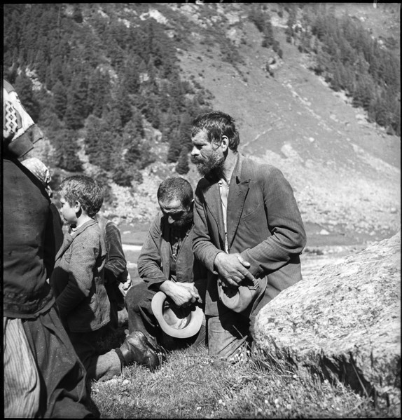 Mountain farmers praying, Turtmanntal valley, Switzerland, 1940.
