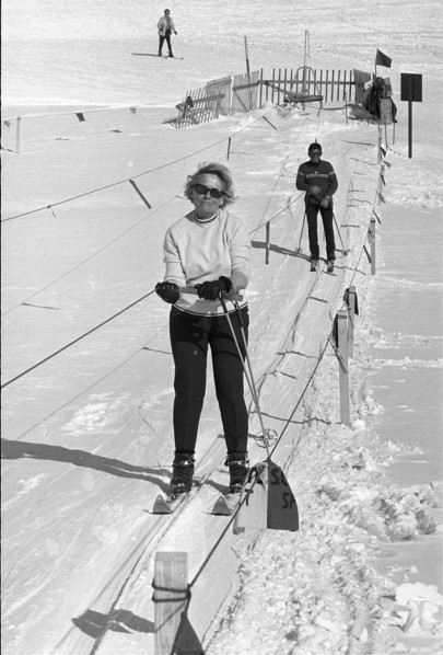 Elderly woman at the skilift in St. Moritz, 1967.