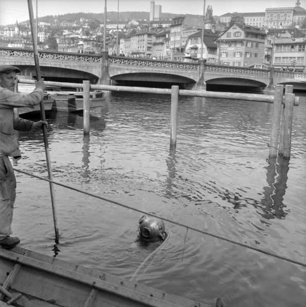 Zurich, diver in the Limmat river; 1959.