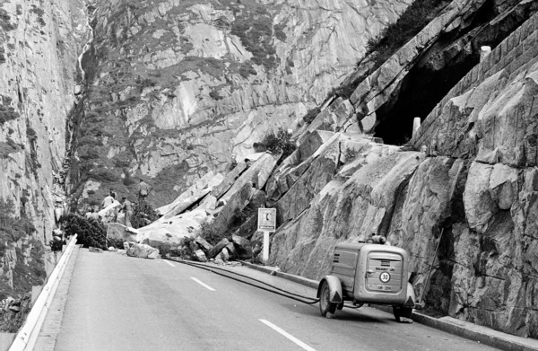 Blasting after rock slip, Gotthard pass road 1969.