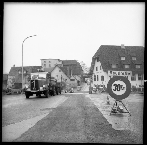 Truck crossing the new Ergolz bridge; 1958.