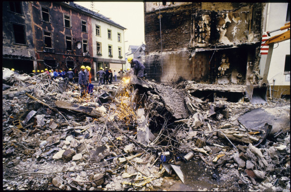 Rescue teams after explosion in Herborn village 1987.