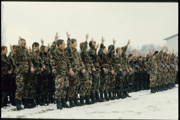 Swiss soldiers taiking the oath, Geneva 1985.