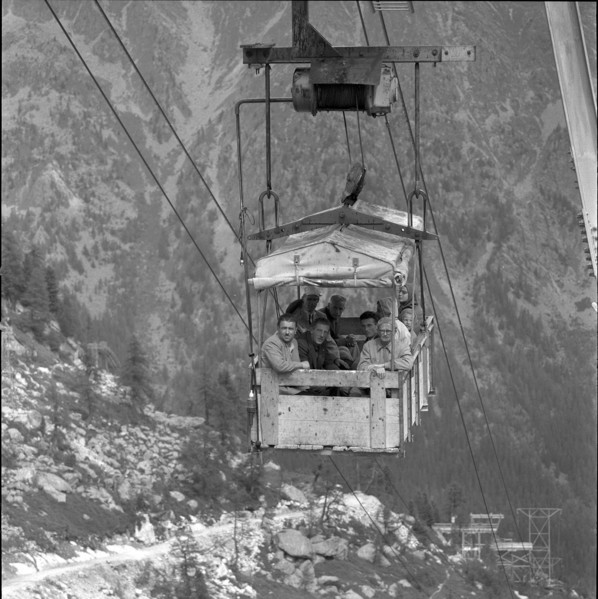 Transporting persons, ropeway car above Vicosoprano 1957