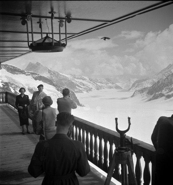 Tourists enjoy the view at the Kleine Scheidegg; 1957