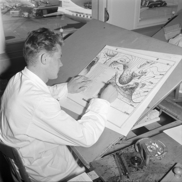 Airport weather service, weather map, Zurich-Kloten 1957