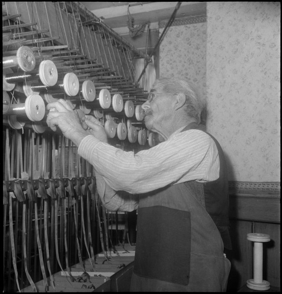 Silk ribbon weaver working, 1948