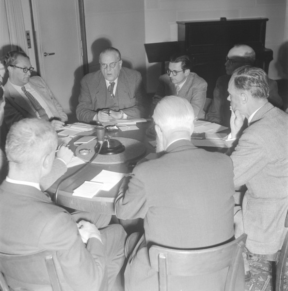 Politicians discussing in the radio studio Zurich, 1947