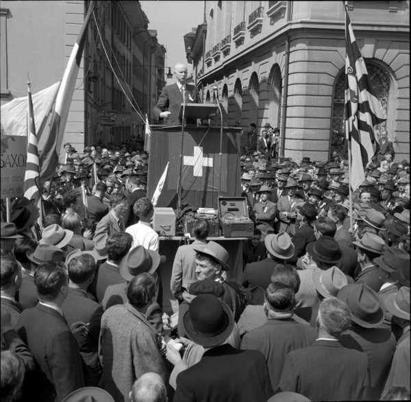 Farmers protest against milk price reduction; cut in milk price; 1954