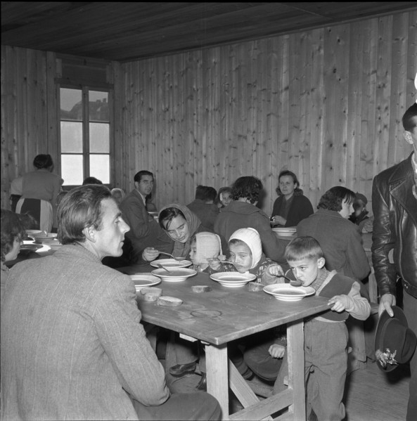 Hungarian refugees eating soup, Buchs 1956