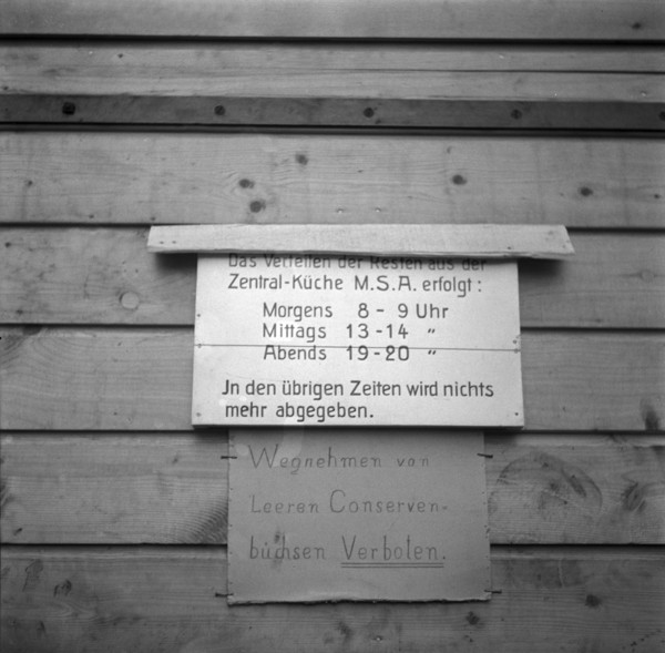 Announcement outside of military kitchen; 1940