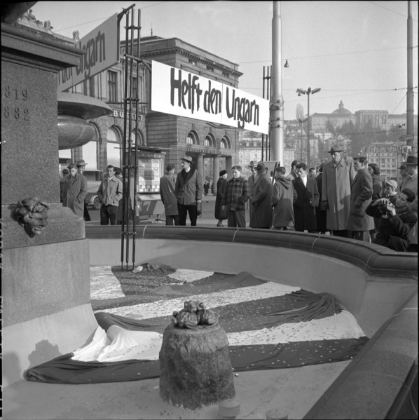 Money drive in fountain trough for help in Hungary, Zurich 1956