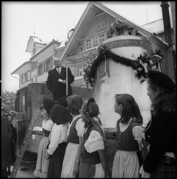 Girls from the Pestalozzi village escorting church bell lifting ceremony in Trogen 1958
