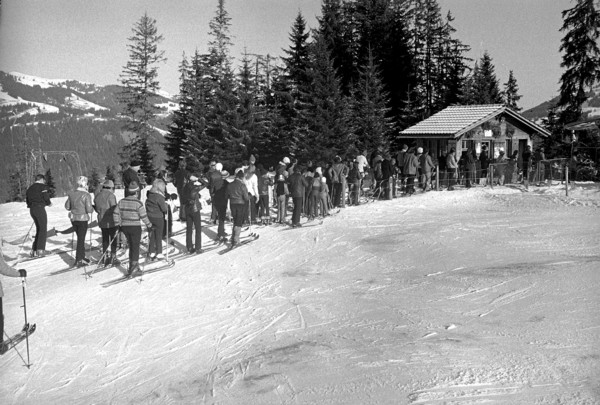 Queuing at the ski lift in Gstaad, 1972