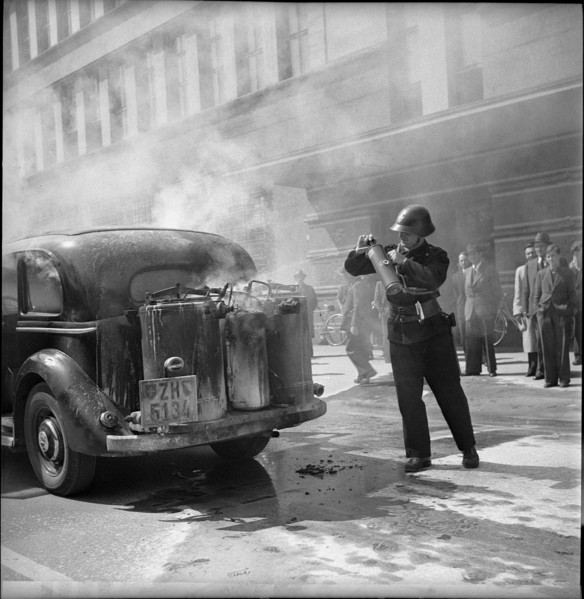 Carbide car after acetylene explosion in carburettor, Zurich 1943