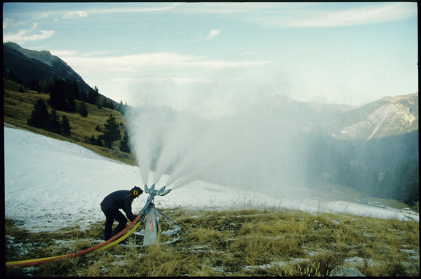 Snow cannon in action, 1983