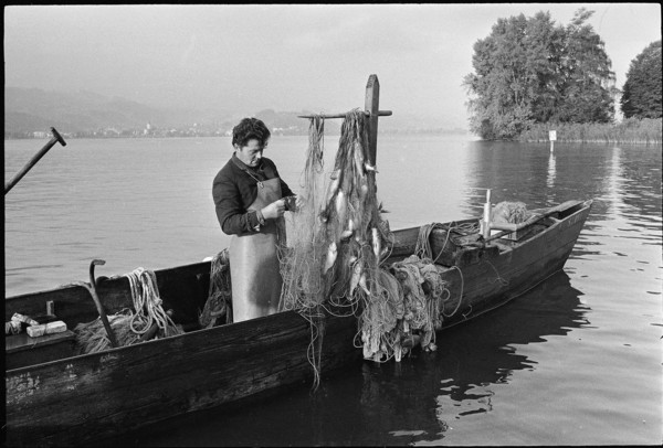 Professional fisherman at work on Lake Zurich 1971